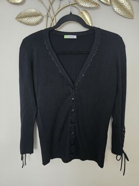 Black V-Neck Button Cardigan with Lace-Up Cuff Detail Size S Viscose